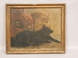 painting of a black cat laying on the ground in front of a painting of a woman