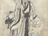 une ancienne peinture chinoise représentant un homme avec une chèvre et un oiseau