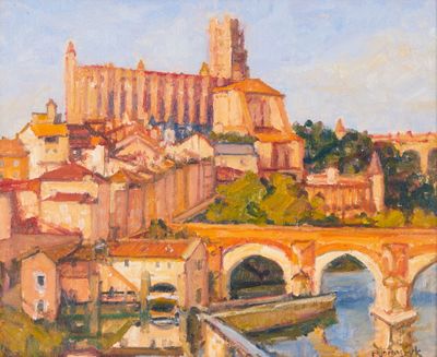 une peinture à l'huile représentant une vue d'une ville avec un pont