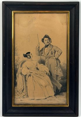 une vieille photo représentant un homme et une femme vêtus de costumes d'époque