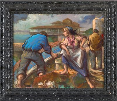 an oil painting of a man and a woman on a boat