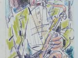 drawing of a man playing a saxophone in a room