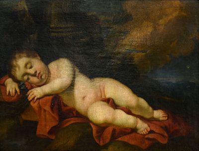 une peinture à l'huile représentant un bébé endormi sur une couverture rouge