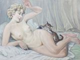 un tableau représentant une femme nue allongée sur un lit avec un chat
