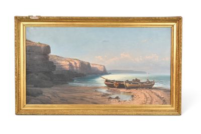 une peinture à l'huile représentant un bateau sur une plage près d'une falaise