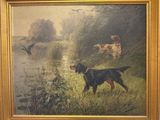 a painting of a dog that is standing in the grass