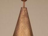a close up of a copper colored light fixture hanging from a ceiling