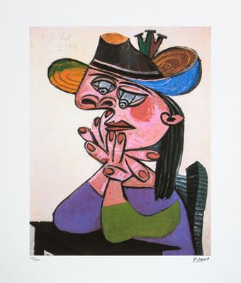 une image d'une peinture représentant une femme avec un chapeau sur la tête