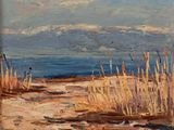 une peinture à l'huile représentant une scène de plage avec un bateau dans l'eau