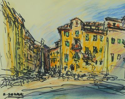 Antoine SERRA (1908-1995). Place de la ville. Dessin. Signé …