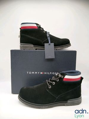 tommy hilfiger black sued boots with red, white, and blue stripes