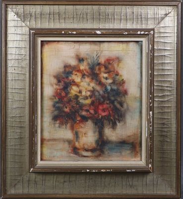 painting of a vase of flowers in a gold frame on a wall