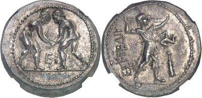 a silver coin with a man on it and a woman on the other side