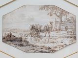 a picture of a painting of a man plowing a field