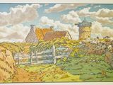 une photo d'un tableau représentant une ferme avec une clôture