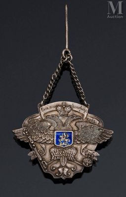 a silver and blue medal hanging from a chain on a black background