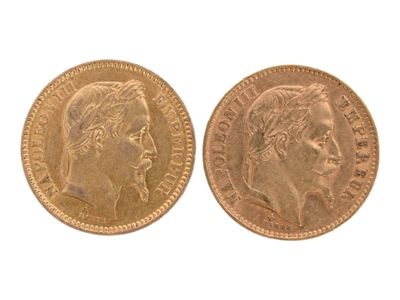 Deux pièces de 20 Francs or Napoléon III tête laurée de 1863… - Photo 1