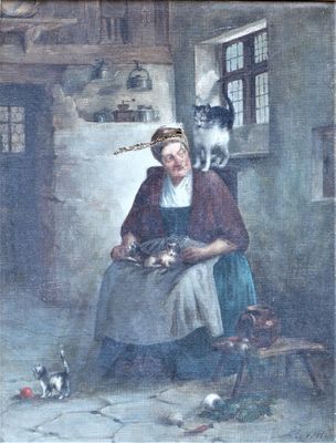 tableau représentant une vieille femme assise dans une cuisine, avec un chat sur l'épaule