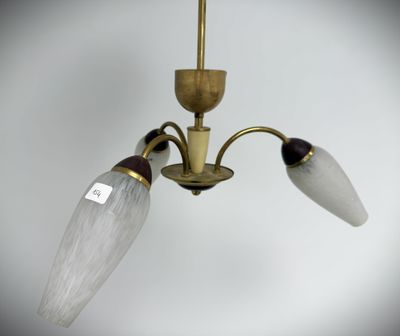 an image of a three light chandelier with frosted glass shades