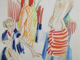 drawing of three women and a child on a beach towel