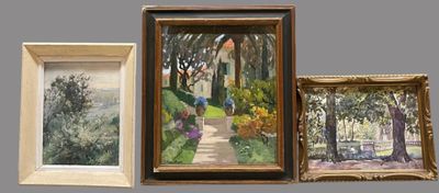 three framed paintings of trees and a path in a park