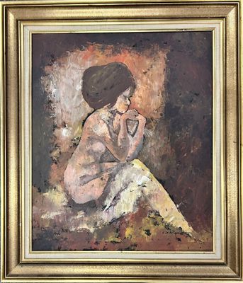 an oil painting of a woman sitting on a rock in a gold frame