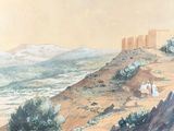 a painting of a group of people walking up a hill