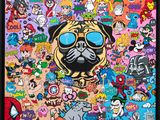 a painting of a pug dog surrounded by cartoon characters