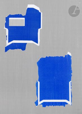 two pieces of blue tape are taped to a gray wall