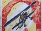 painting of an airplane flying in the sky with a sun in the background
