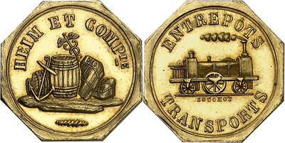 a close up of a coin with a train on it