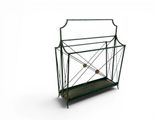 an iron magazine rack with a glass top on a white background