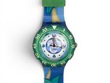 a close up of a watch on a white surface with a blue and green strap