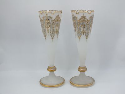 pair of white and gold glass vases with gold trim