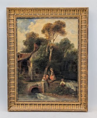 an oil painting of a man and a woman sitting on a bridge by a stream