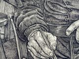 drawing of a man sitting in a chair with a pair of scissors in his hand