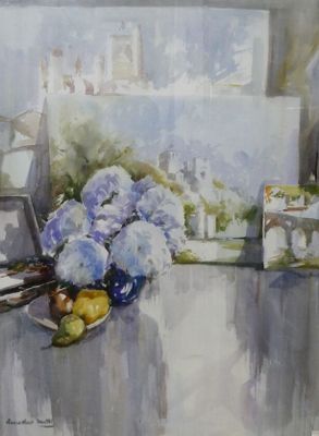 une peinture représentant un vase de fleurs sur une table