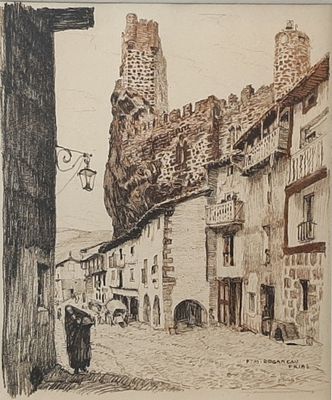 a drawing of a person walking down a street