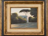 an image of a painting of a small building in the middle of a park