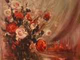 tableau représentant des fleurs rouges et blanches dans un vase en verre posé sur une table