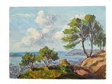 an oil painting of trees on a hill overlooking a body of water