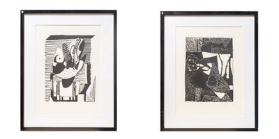 two framed black and white drawings of a woman and a man