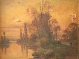 un vieux tableau représentant une rivière survolée par des oiseaux