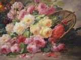 a painting of a basket of flowers on a table