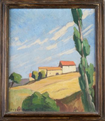 une peinture à l'huile représentant un paysage avec une maison et des arbres