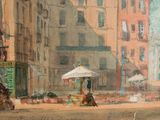 a painting of a street scene with people walking down the street