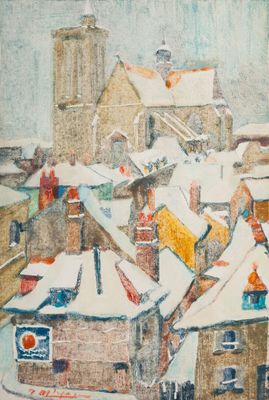 tableau représentant une vue d'une ville enneigée avec une église en arrière-plan