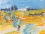 un tableau représentant une femme marchant dans un champ parsemé d'arbres