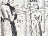 drawing of a woman standing in front of a store with another woman standing next to her