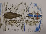 a drawing of a boat in the water and a boat in the water